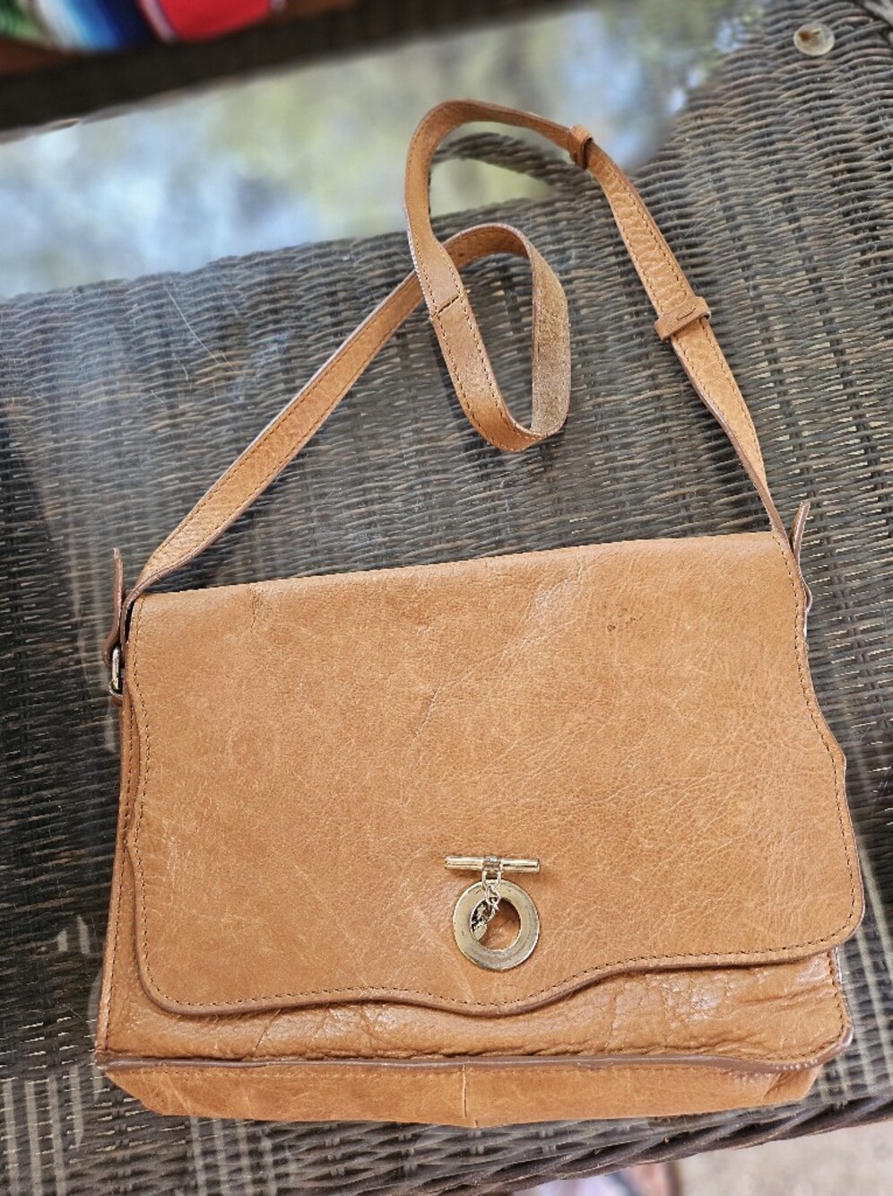 ZARA Genuine Leather 11"  Messenger Bag With Golden Clasp Tobacco Tan